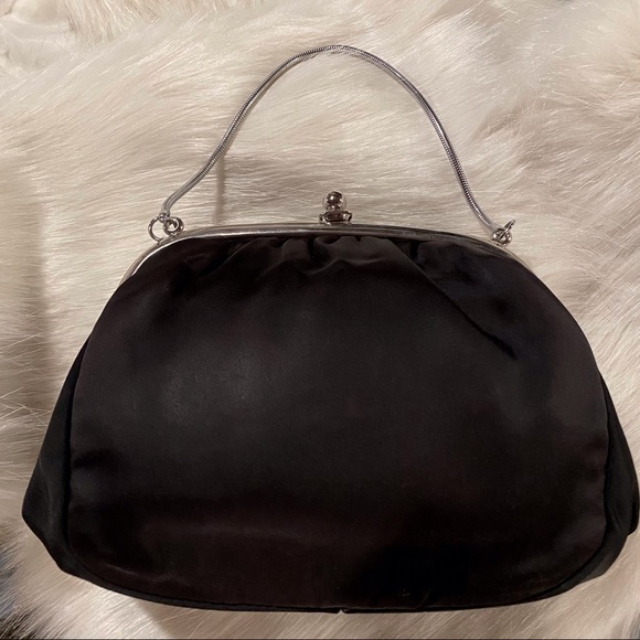 Vintage Black Satin Evening Bag Ladies Purse Silver Hardware - Picture 2 of 6
